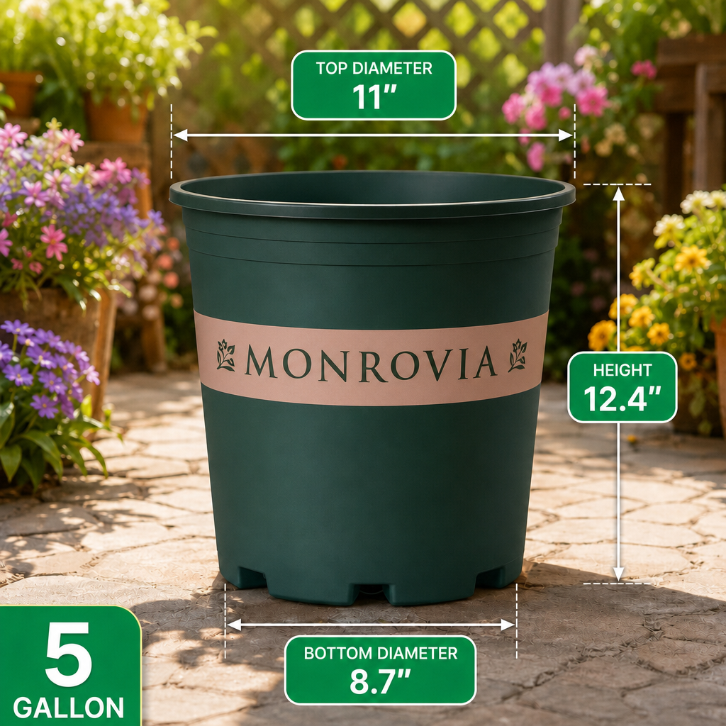 5-Gallon Planter Pot Dimensions with Monrovia Branding