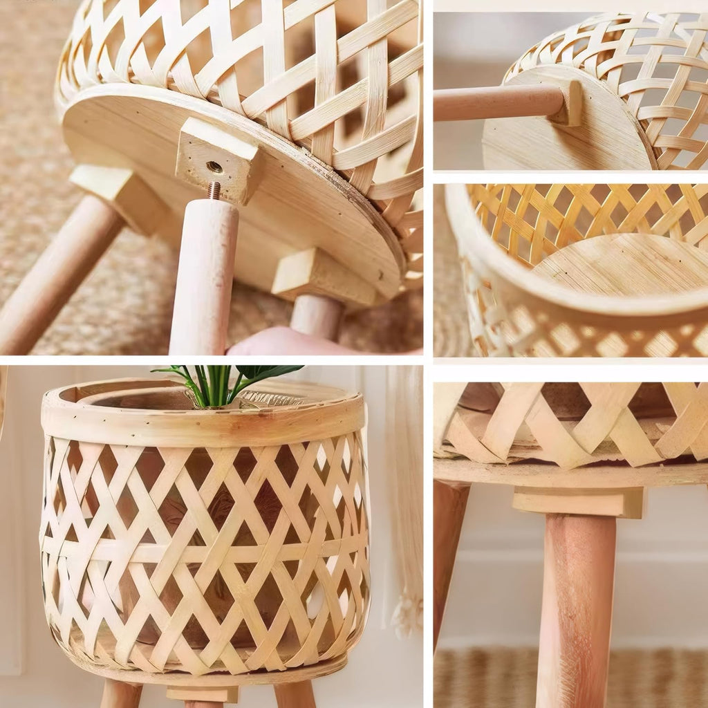 Boho Rattan Plant Stand Set – Handwoven Tall Elevated Wicker Plant Baskets for Indoor Plants, 11 Inch Mid-Century Modern Wooden Planter Holder with Tripod Legs, Farmhouse Home Decor, Pot Not Included