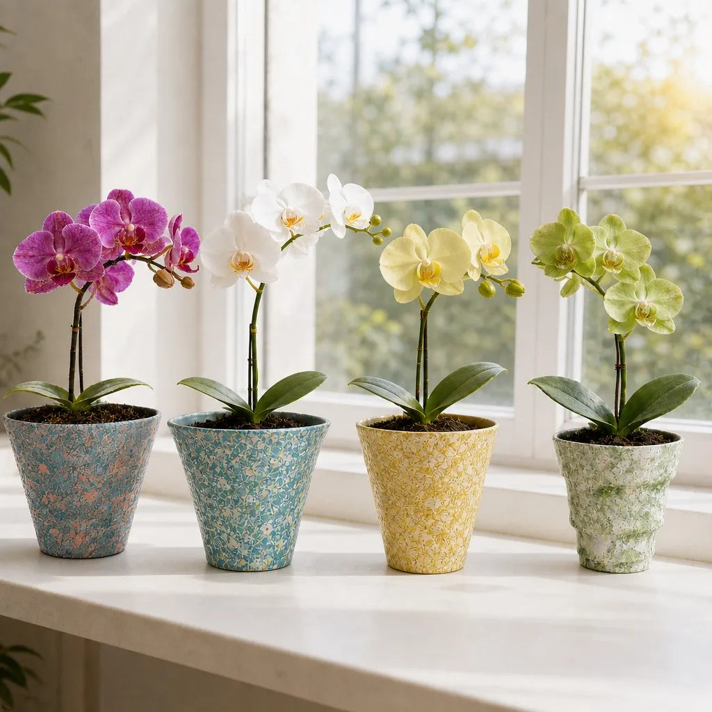 2/4/5-Pack Mini Retro Ceramic Orchid Planters with Drainage Hole and Matching Saucer, 4.7 Inch Tabletop Matte Texture Flower Pots for Phalaenopsis, Succulent & Indoor and Outdoor Plants