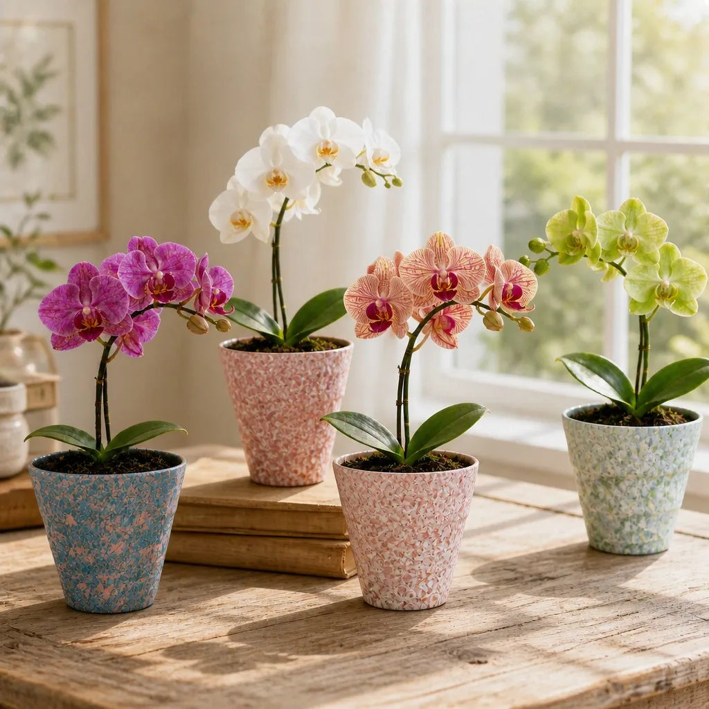 2/4/5-Pack Mini Retro Ceramic Orchid Planters with Drainage Hole and Matching Saucer, 4.7 Inch Tabletop Matte Texture Flower Pots for Phalaenopsis, Succulent & Indoor and Outdoor Plants