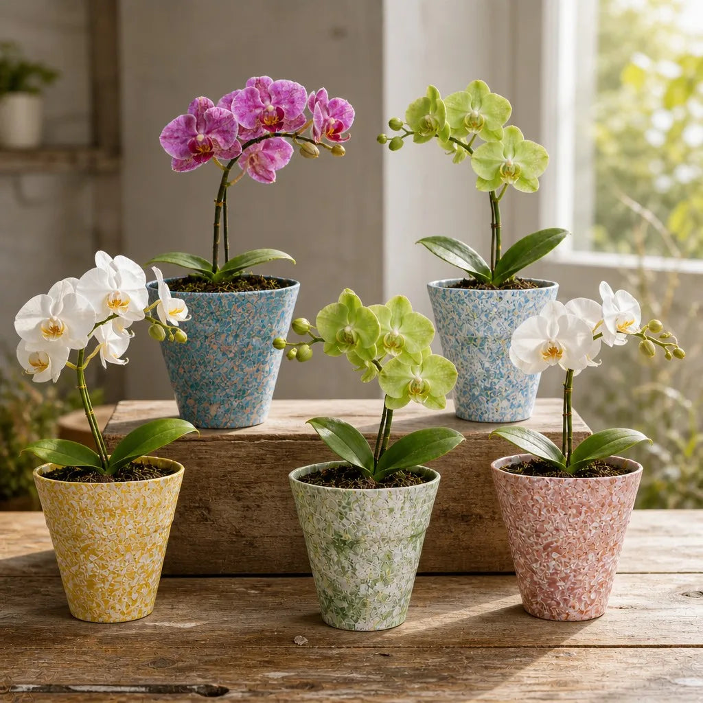 2/4/5-Pack Mini Retro Ceramic Orchid Planters with Drainage Hole and Matching Saucer, 4.7 Inch Tabletop Matte Texture Flower Pots for Phalaenopsis, Succulent & Indoor and Outdoor Plants