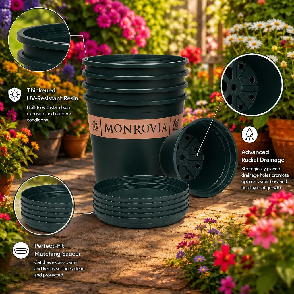 10‑Pack 1 Gallon 6.5 Inch Modern Durable Resin Nursery Planter Pots, Tall Round Green Thickened Pots with Drainage Holes & Saucer, UV‑Resistant Breathable Rot‑Resistant Flower Container for Seedlings, Indoor & Outdoor