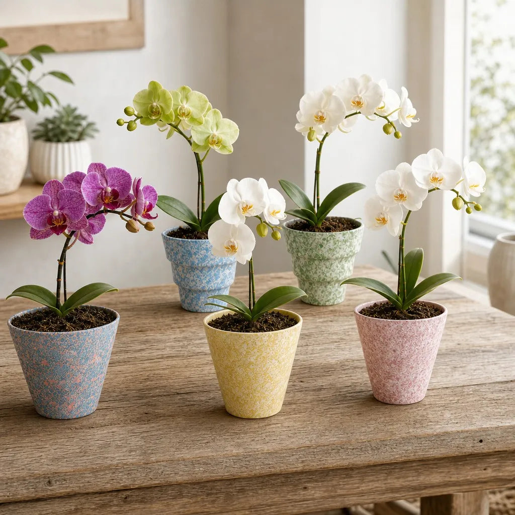 2/4/5-Pack Mini Retro Ceramic Orchid Planters with Drainage Hole and Matching Saucer, 4.7 Inch Tabletop Matte Texture Flower Pots for Phalaenopsis, Succulent & Indoor and Outdoor Plants