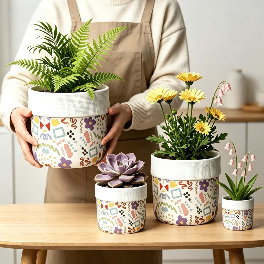 欧式陶瓷花盆复古编织篮风格简约创意盆栽带托盘 European-style Ceramic Planter