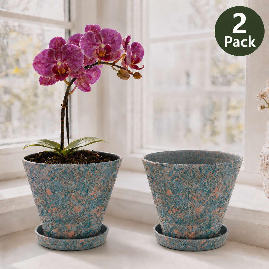 2/4/5-Pack Mini Retro Ceramic Orchid Planters with Drainage Hole and Matching Saucer, 4.7 Inch Tabletop Matte Texture Flower Pots for Phalaenopsis, Succulent & Indoor and Outdoor Plants