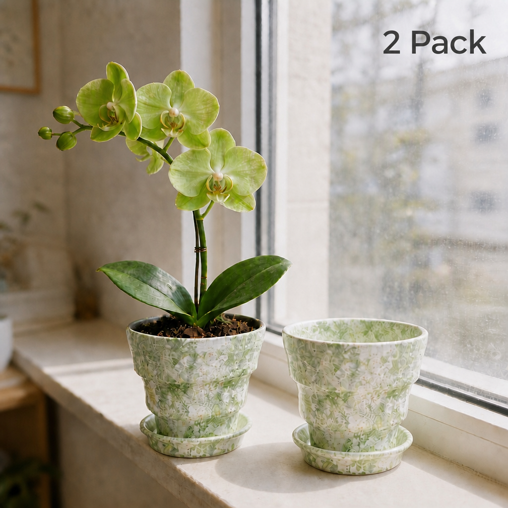 2/4/5-Pack Mini Retro Ceramic Orchid Planters with Drainage Hole and Matching Saucer, 4.7 Inch Tabletop Matte Texture Flower Pots for Phalaenopsis, Succulent & Indoor and Outdoor Plants
