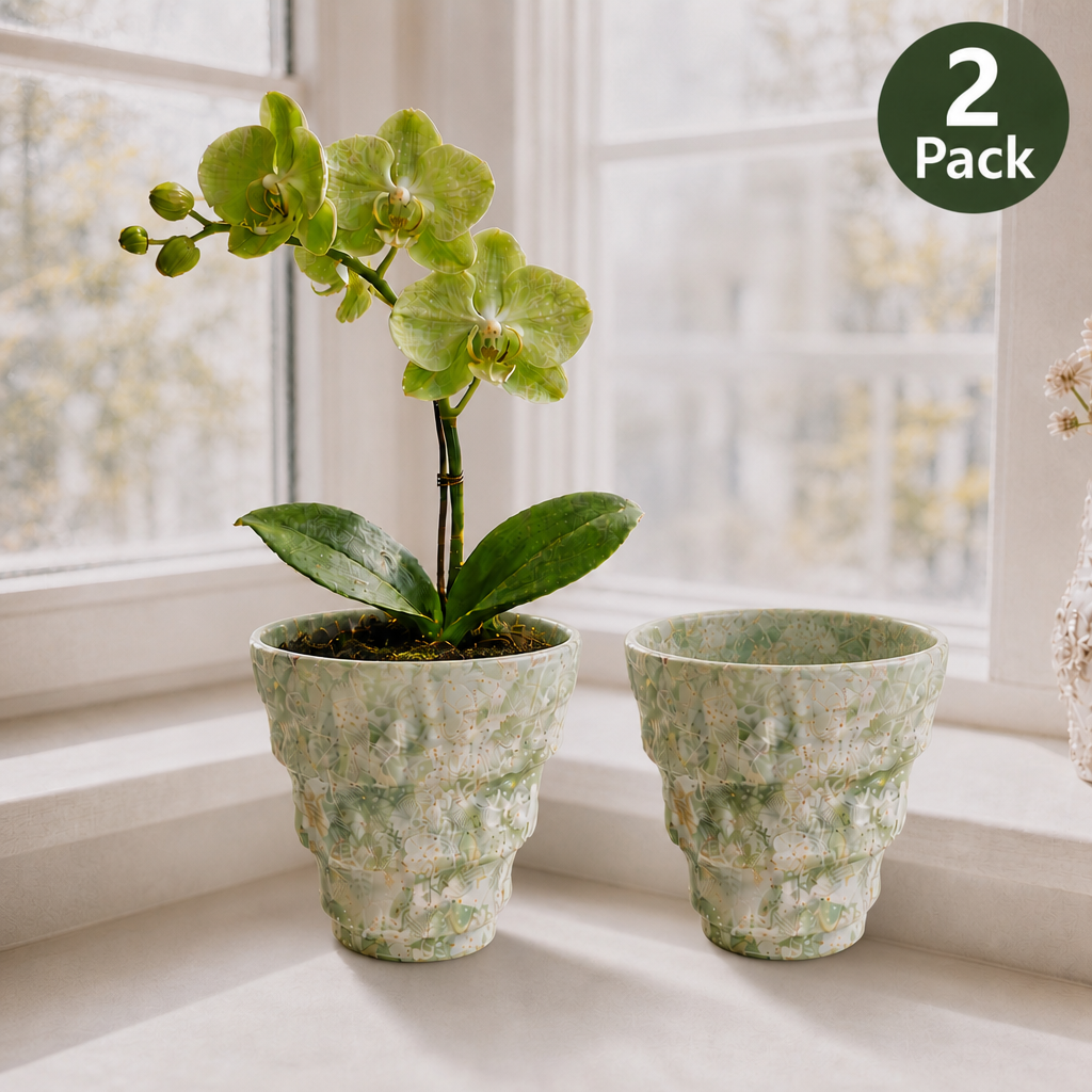 2/4/5-Pack Mini Retro Ceramic Orchid Planters with Drainage Hole and Matching Saucer, 4.7 Inch Tabletop Matte Texture Flower Pots for Phalaenopsis, Succulent & Indoor and Outdoor Plants