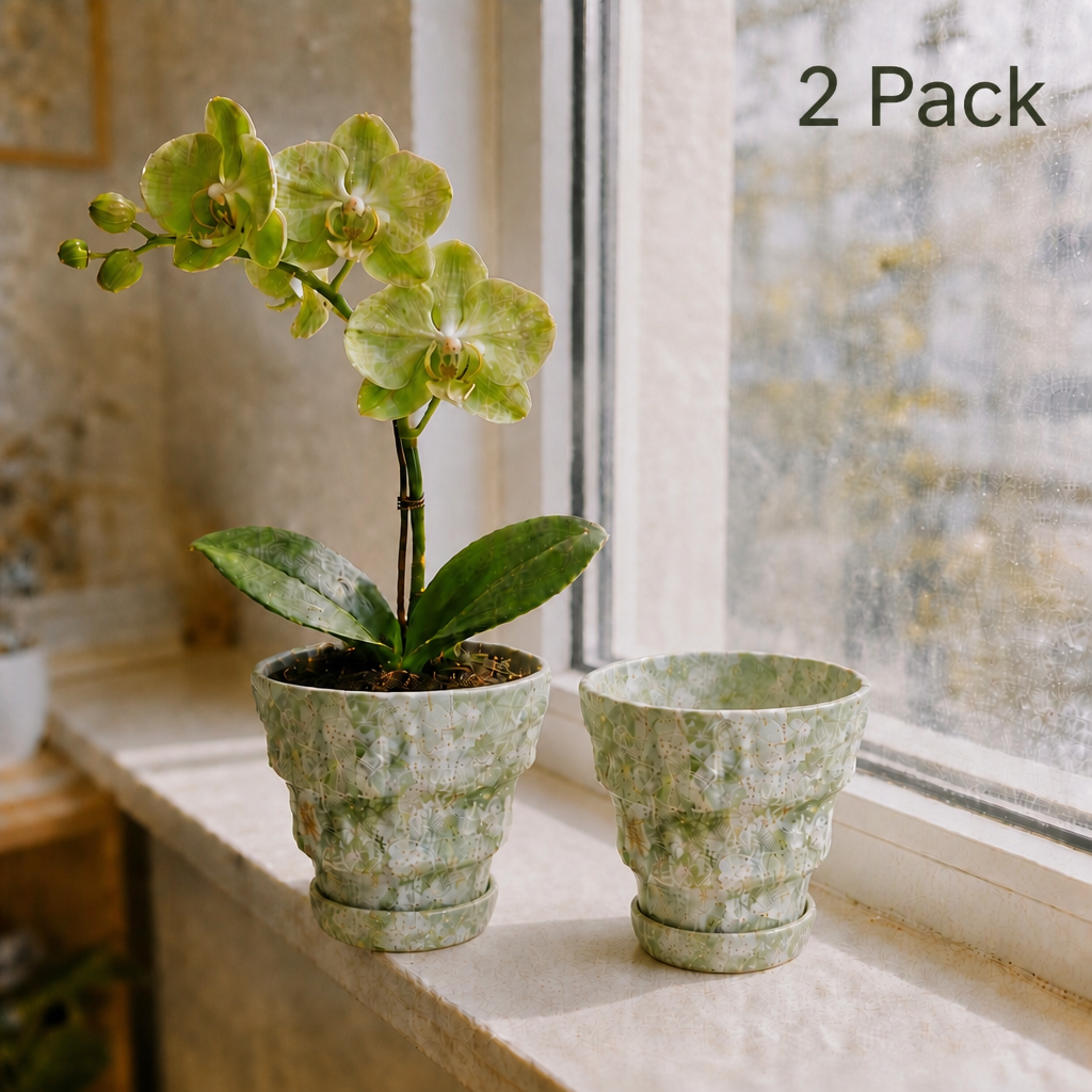 2/4/5-Pack Mini Retro Ceramic Orchid Planters with Drainage Hole and Matching Saucer, 4.7 Inch Tabletop Matte Texture Flower Pots for Phalaenopsis, Succulent & Indoor and Outdoor Plants