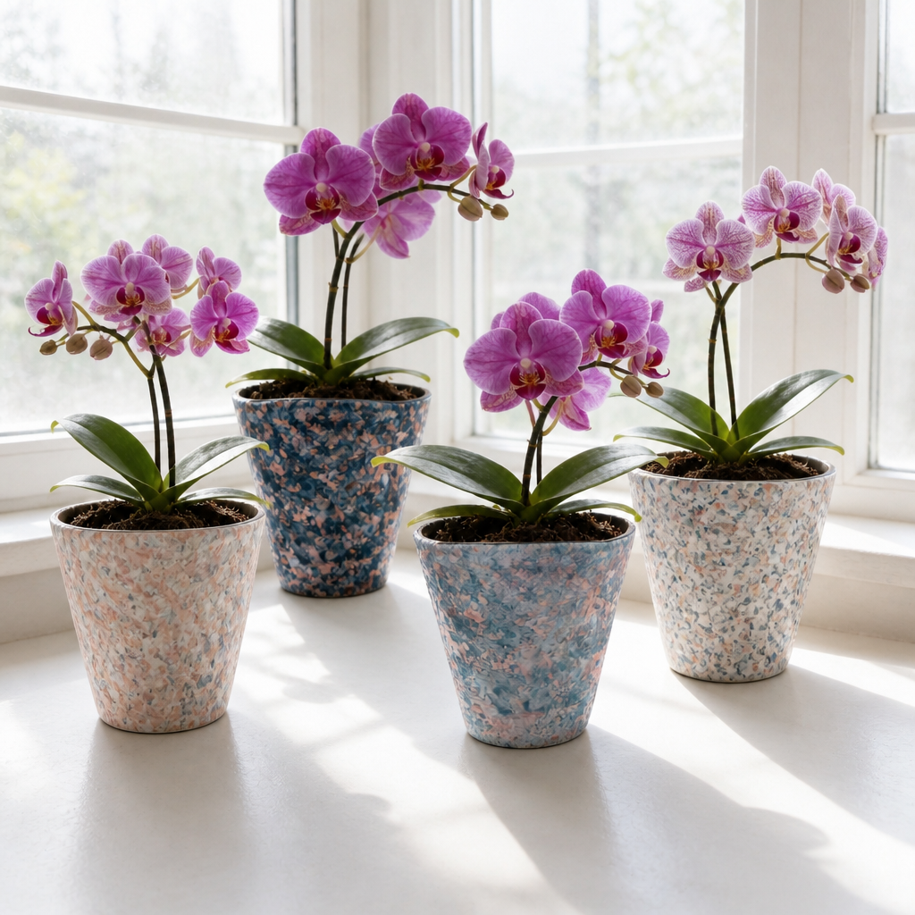 2/4/5-Pack Mini Retro Ceramic Orchid Planters with Drainage Hole and Matching Saucer, 4.7 Inch Tabletop Matte Texture Flower Pots for Phalaenopsis, Succulent & Indoor and Outdoor Plants