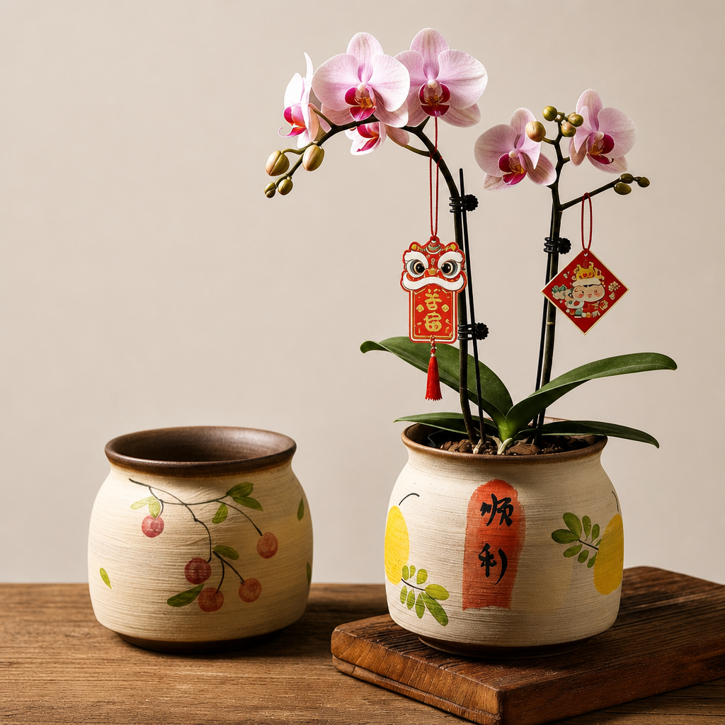 5.5 Inch Vintage Ceramic Flower Pot - Prosperity Calligraphy