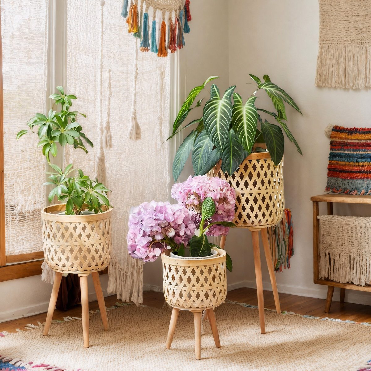 Boho Rattan Plant Stand Set – Handwoven Tall Elevated Wicker Plant Baskets for Indoor Plants, 11 Inch Mid-Century Modern Wooden Planter Holder with Tripod Legs, Farmhouse Home Decor, Pot Not Included