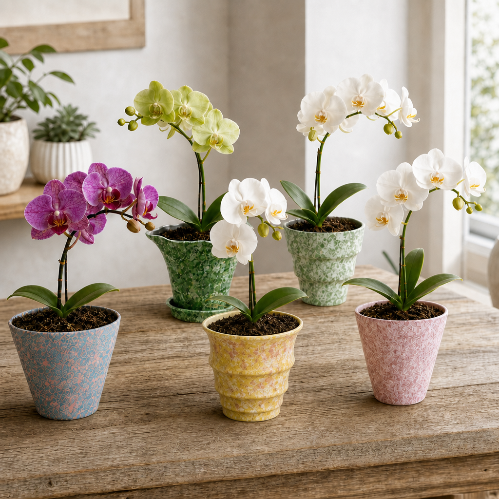 5-pack mixed orchid planters set including a4 wavy green, a2 green, a3 pink, a5 yellow stepped, and blue pots