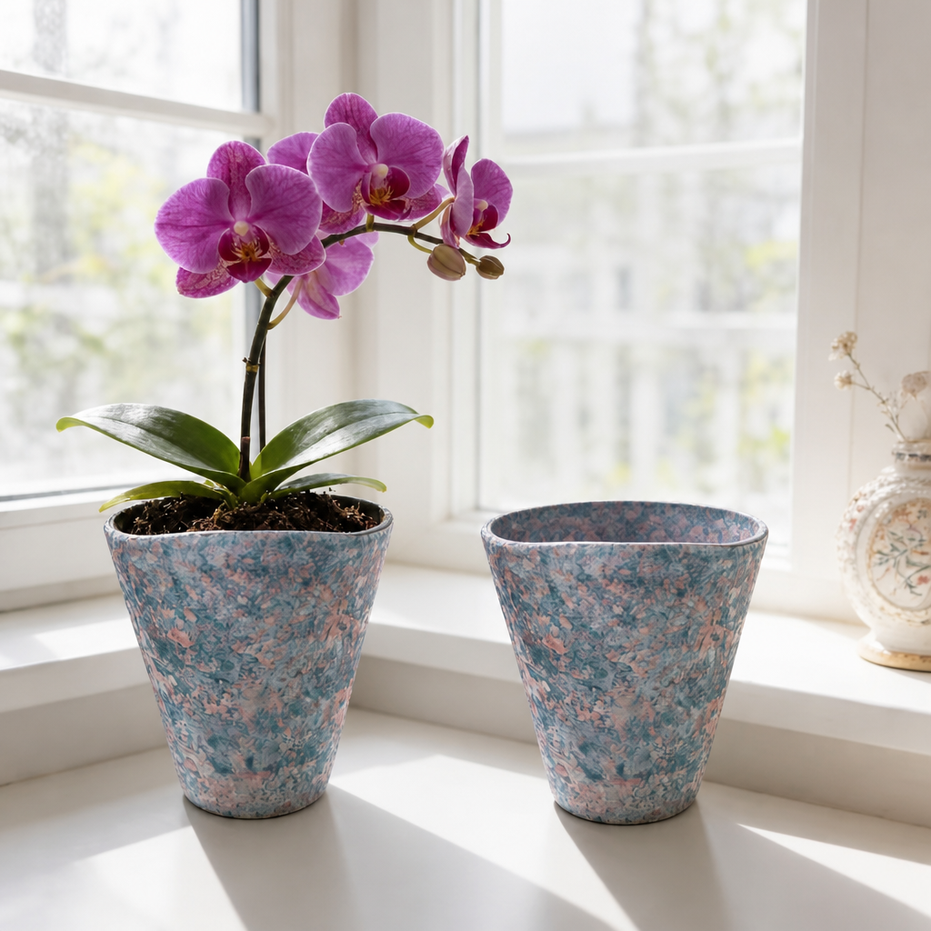2-pack ceramic orchid planters, side-concave design, blue marbled texture, one with purple orchid