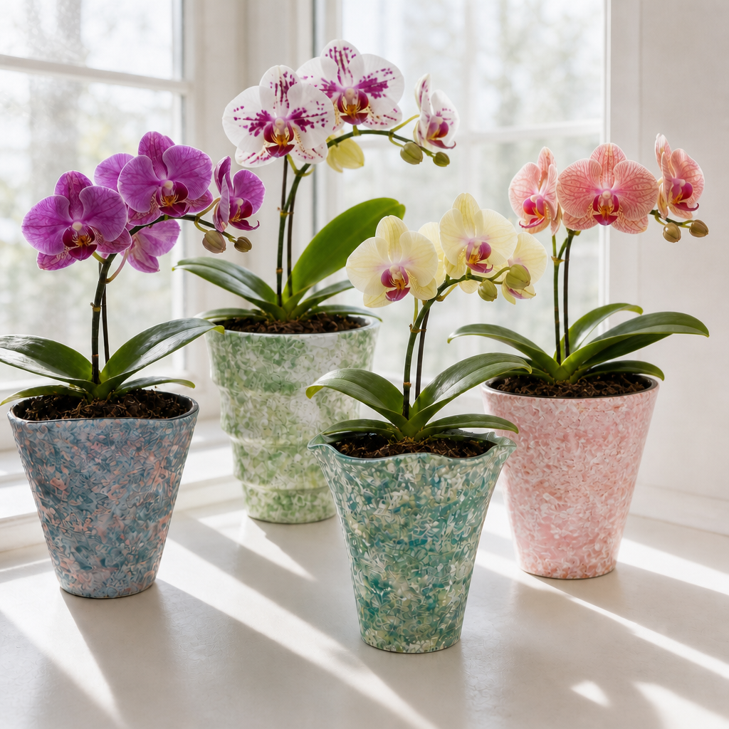 4-pack mixed orchid planters set including a1 blue, a3 plain pink, a4 wavy green, and a2 green pots