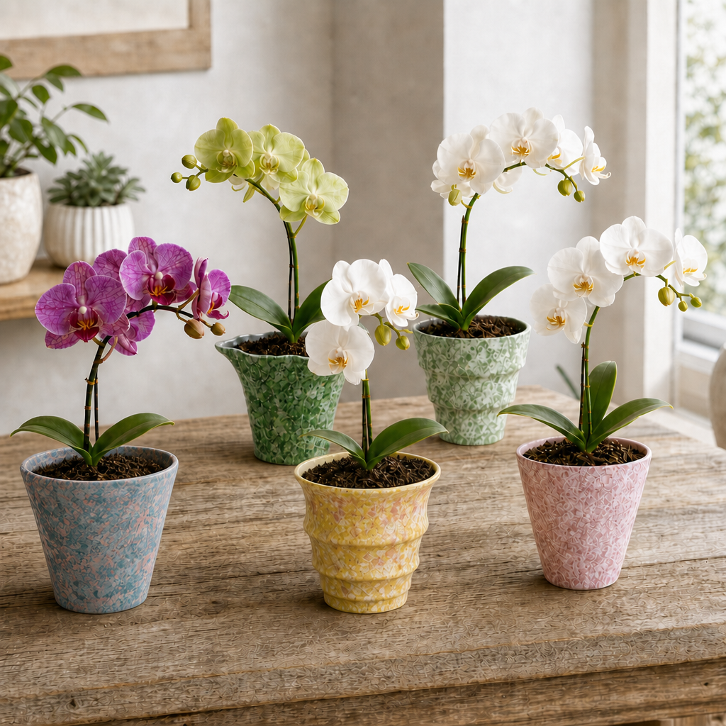 5-pack mixed orchid planters set including side-concave blue, wavy green without saucer, stepped yellow, green, and pink pots