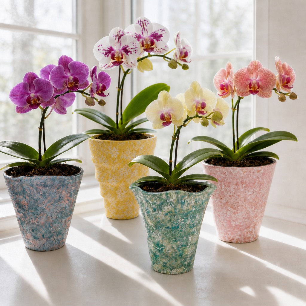 4-pack mixed orchid planters set including a1 blue, a3 plain pink, a4 wavy green, and a5 yellow pots