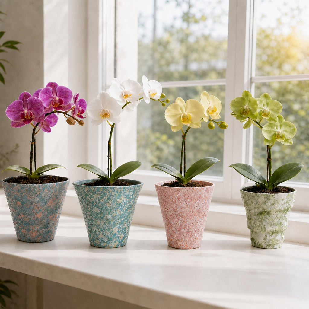 4-pack mixed orchid planters set including a1 blue, a2 green tiered, a3 pink, and a4 wavy green pots