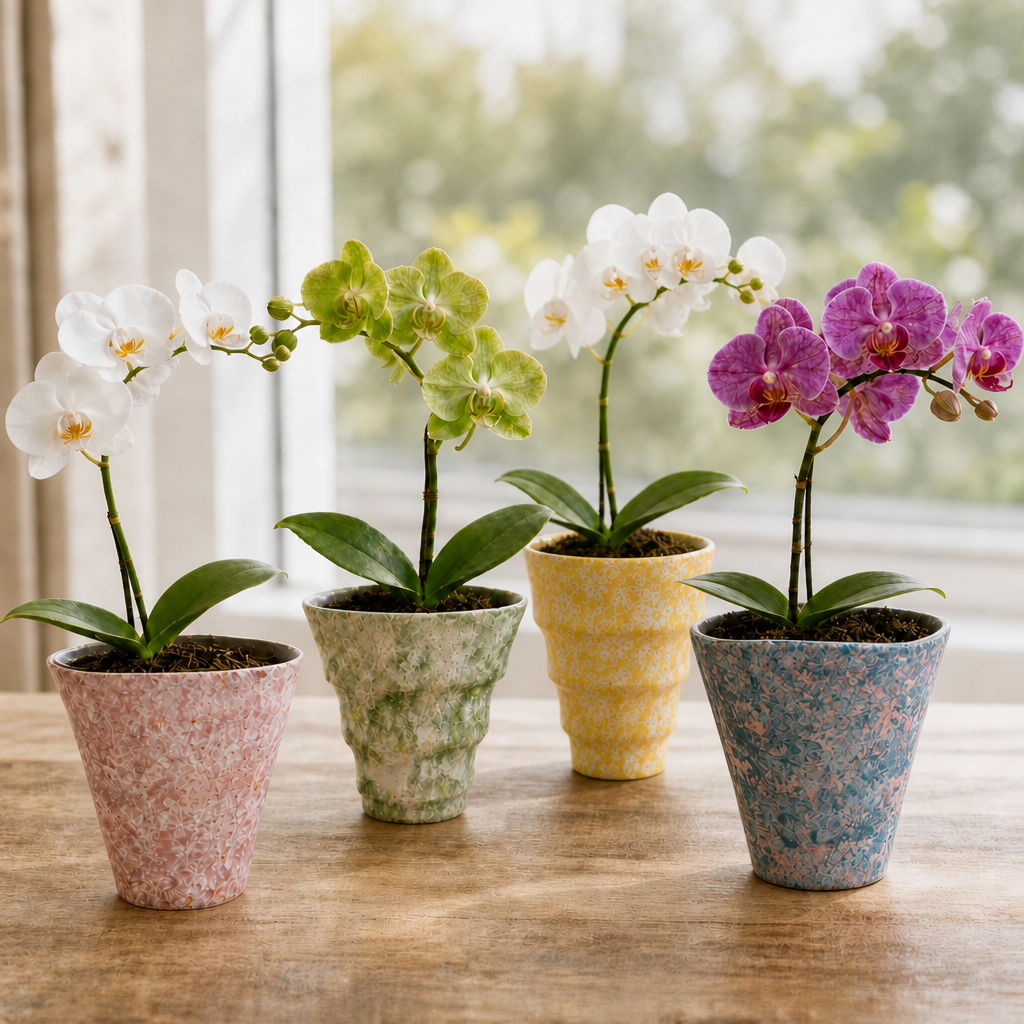 Set of 4 Mini Retro Ceramic Orchid Planters - a1 Blue, a2 Green, a3 Pink, and a5 Yellow