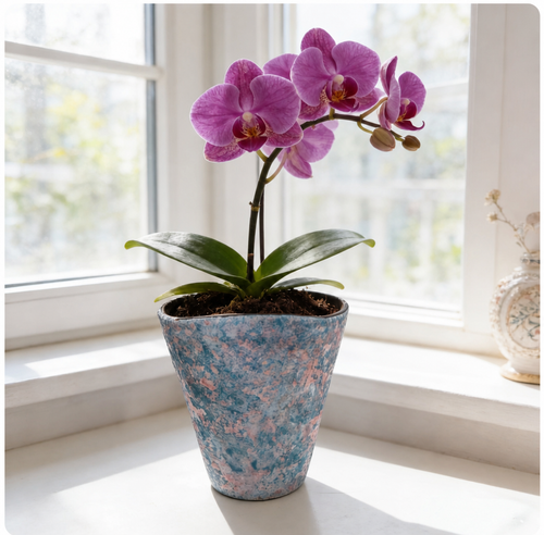 Mini Retro Ceramic Orchid Planter with Purple Orchid - Featured Image